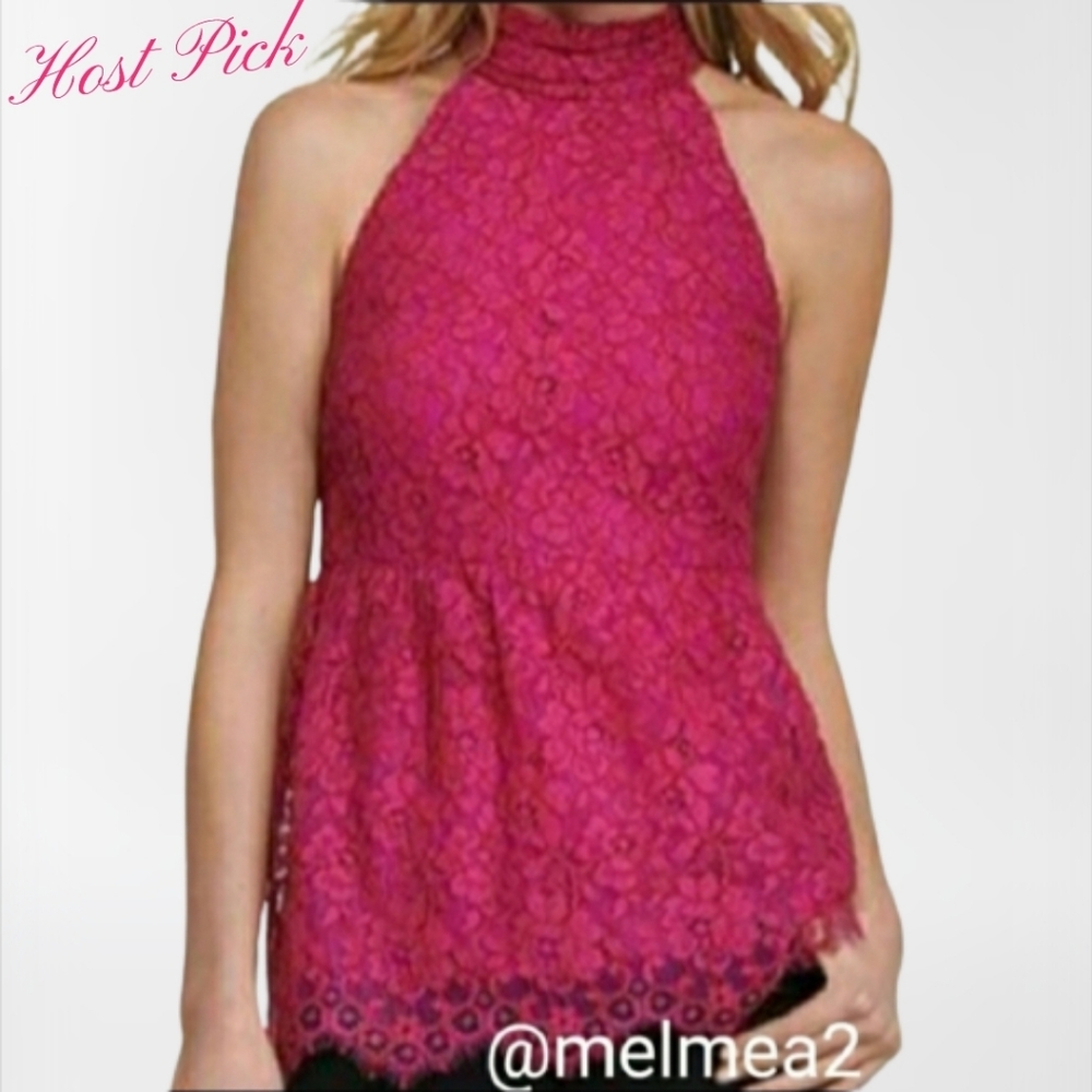 W by Worth Pink Lace Turtleneck Cutaway Blouse